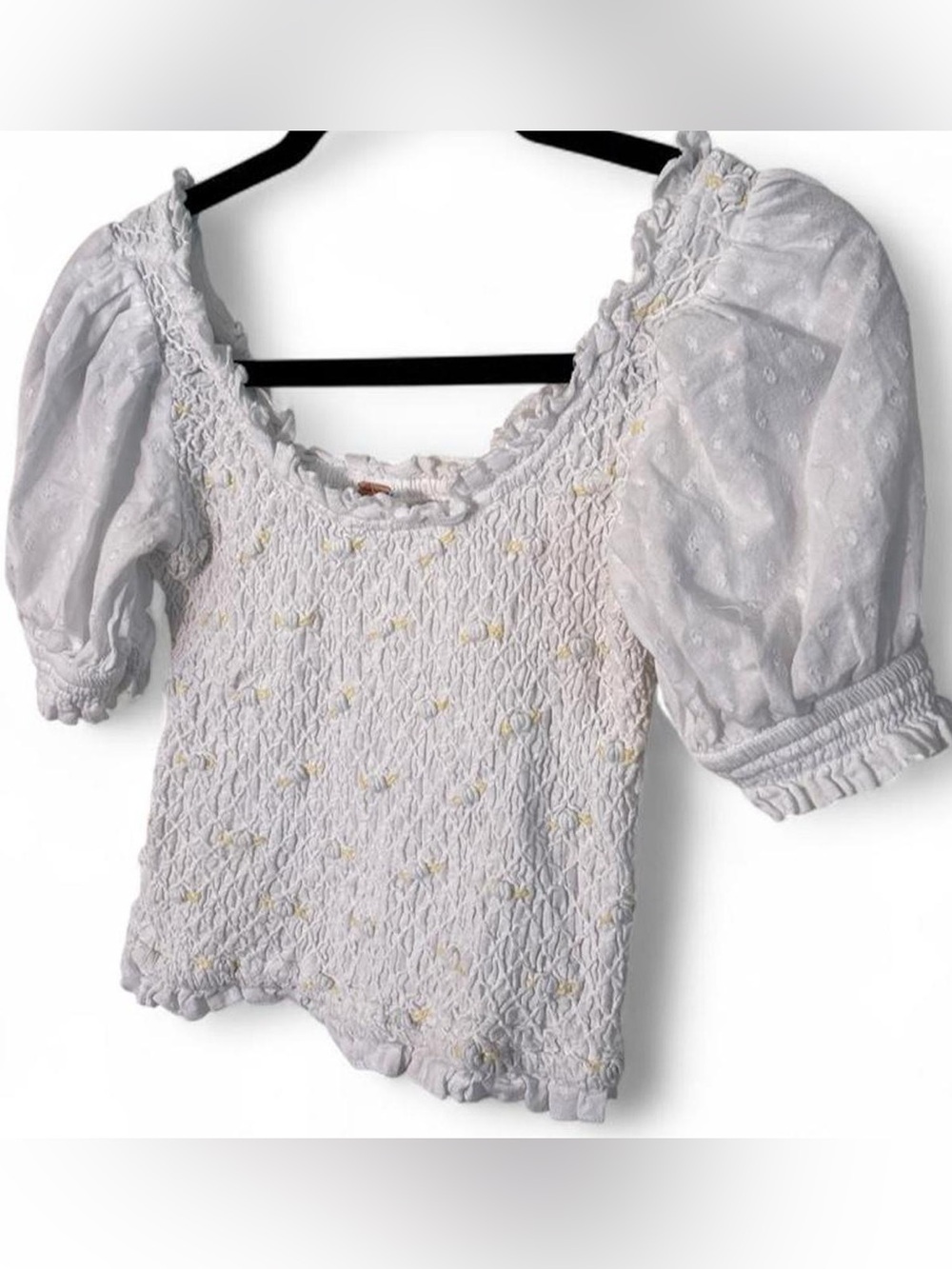 Free People White Smocked Puff-Sleeve Blouse with Tiny Yellow Embroidery